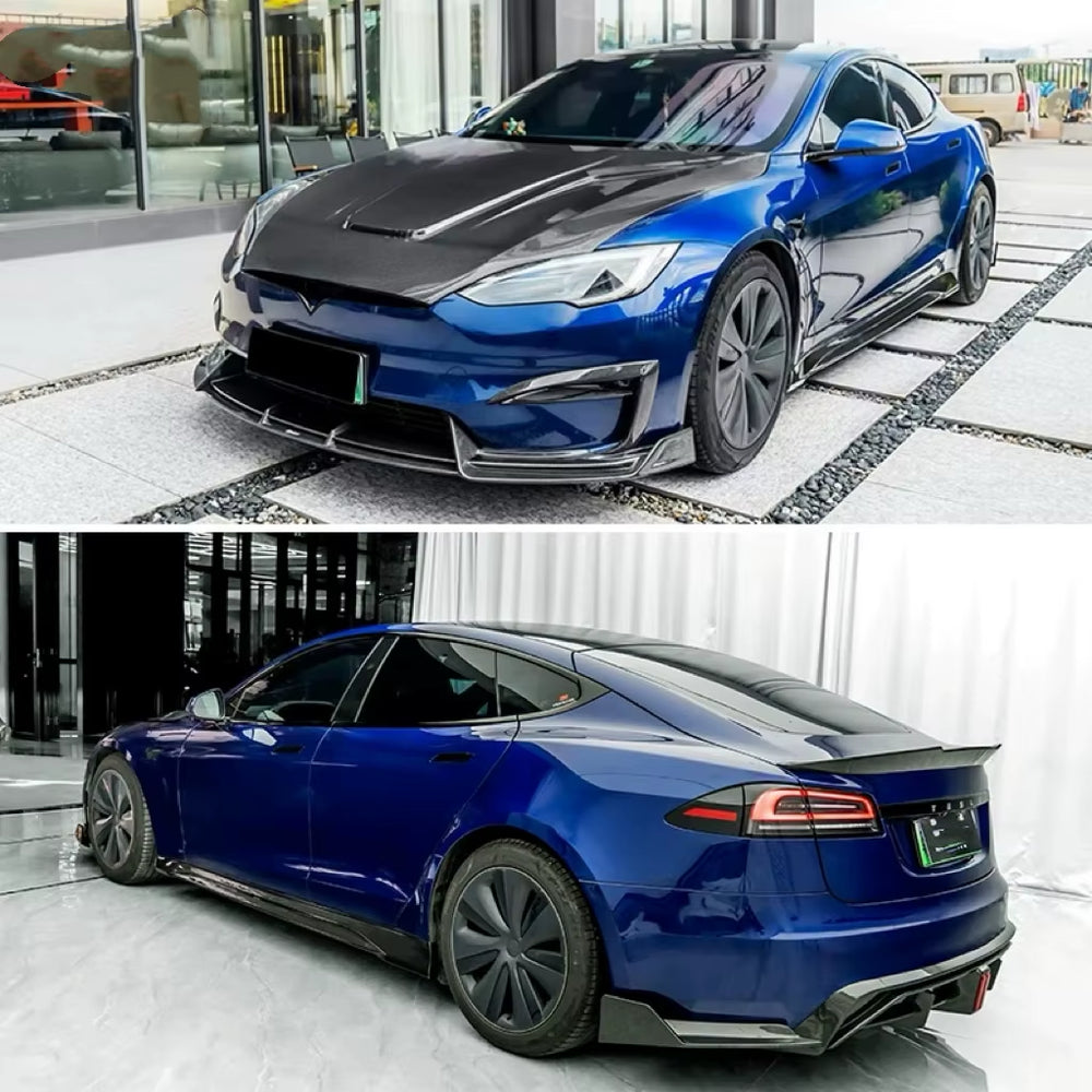 For Tesla Model S Upgrade CT Style Carbon Fiber Bumper Front Lip Rear Diffuser Rear Spoiler Side Skirts Accessories