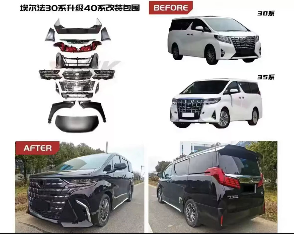High Quality for Toyota Alphard Vellfire15-22 30 35 Series Upgrade 2024 40 Series Front and Rear Bumper Diffuser Hood Body Kit