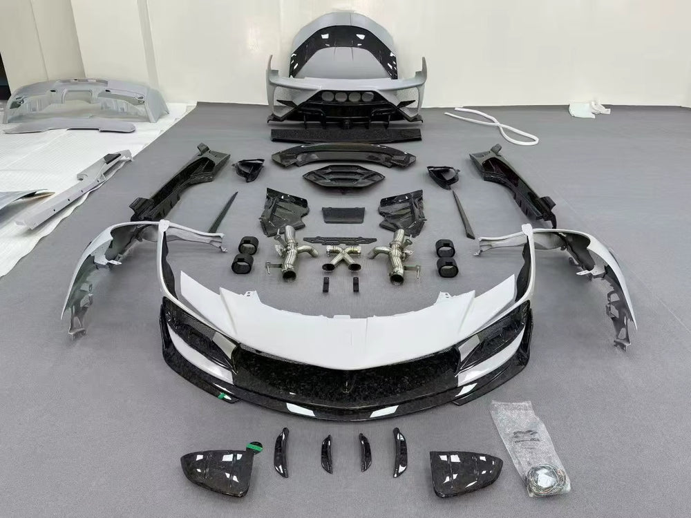 For Ferrari SF90 Upgrade MS Style Dry Carbon Fiber Front and Rear Bumpers Side Skirts Spoiler Hood Body Kit