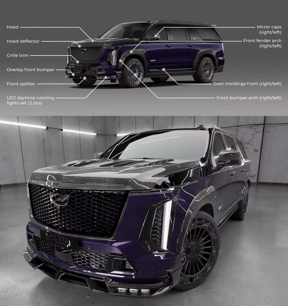 Cadillac Escalade 2025-2026 LD Style Dry Carbon Fiber Front Lip, Side Skirts, Rear Diffuser, Spoiler, and Wide-Body Kit Upgrade