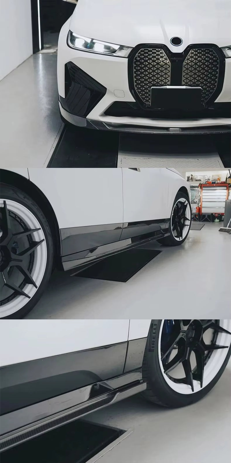 BMW IX FD Style Carbon Fiber Body Kit: Front Lip, Rear Diffuser, Top Wing, and Side Skirts