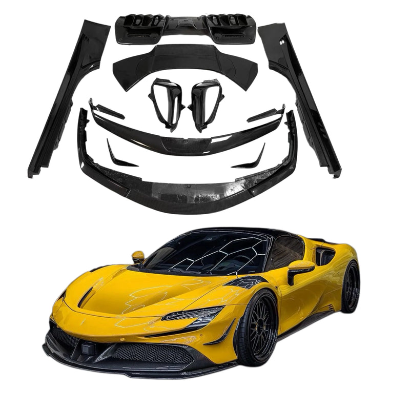 For SF90 RYFT Style Dry Carbon Fiber Front Lip Side Skirts Rear Diffuser Spoiler Car Body Kit