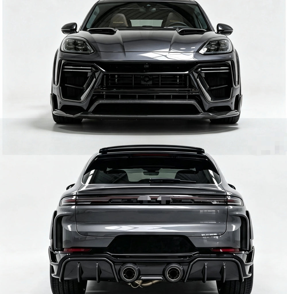 Porsche Cayenne 9Y0 TH Style Dry Carbon Fiber Body Kit: Front Lip, Hood Diffuser, Spoiler, and Widebody Wheel Arch Upgrades