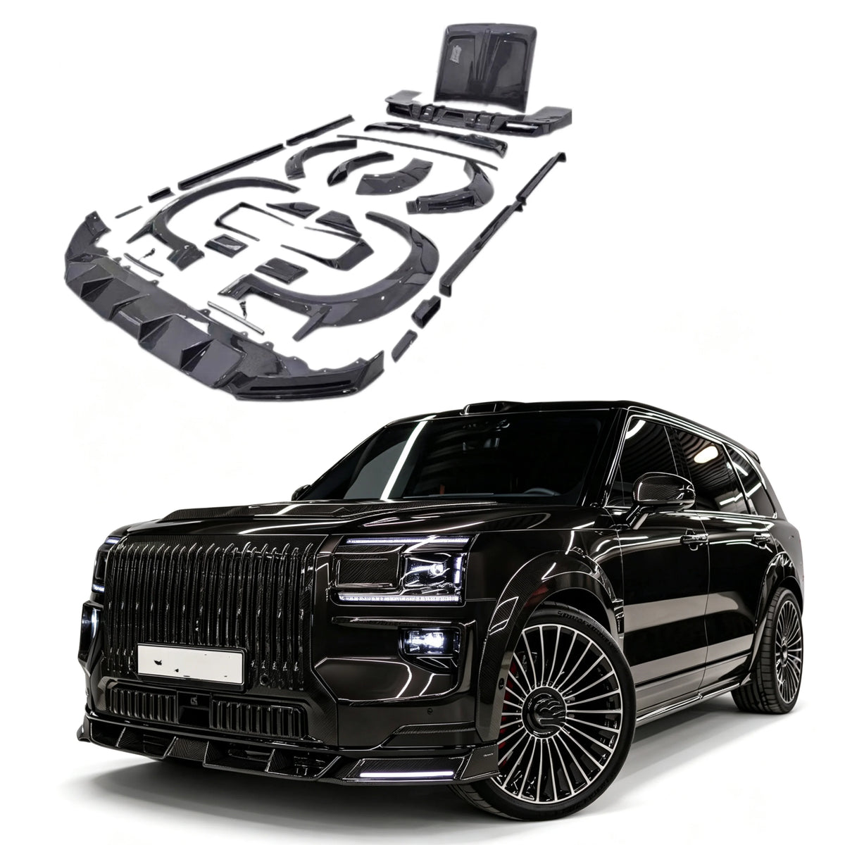 Zeekr 9X Enhanced RNG Style Dry Carbon Fiber Front Lip, Side Skirts, Rear Diffuser, Spoiler, and Wide Body Kit