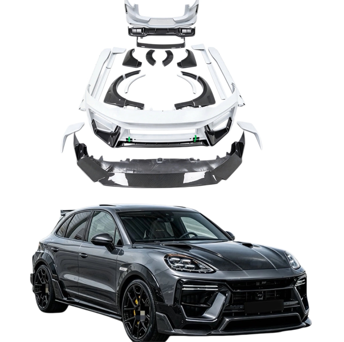 Porsche Cayenne 9Y0 TH Style Dry Carbon Fiber Body Kit: Front Lip, Hood Diffuser, Spoiler, and Widebody Wheel Arch Upgrades