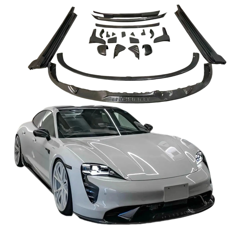 Kit carrosserie en fibre de carbone pour Porsche Taycan, avec lame avant, bas de caisse, diffuseur et aileron