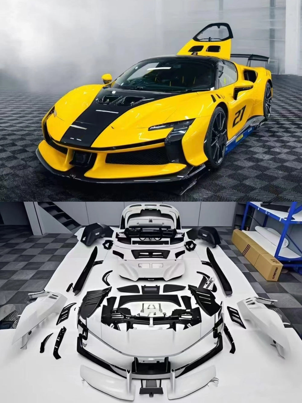 For Ferrari SF90 Upgrade SF90 XX Dry Carbon Fiber Car Bumpers Front Lip Side Skirts Rear Diffuser Body Kit