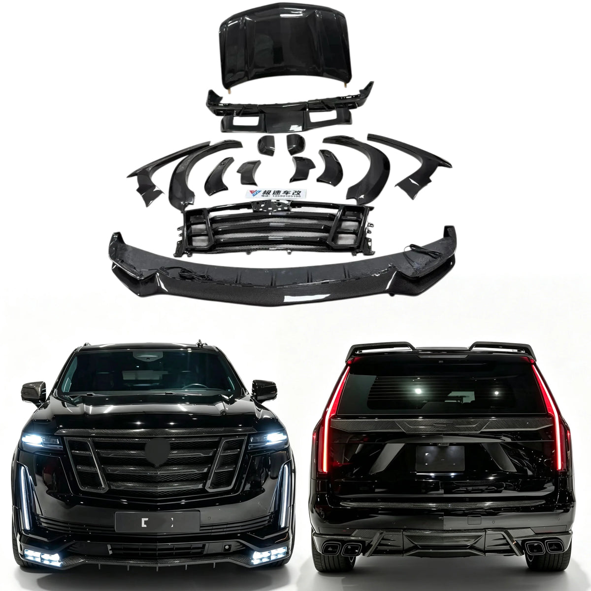 LD Style Carbon Fiber Body Kit for Cadillac Escalade - Front Lip, Rear Diffuser, Spoiler, Hood Grill, and Wide Body Components