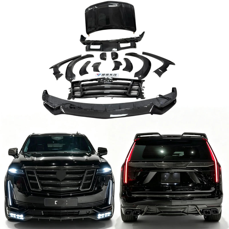 LD Style Carbon Fiber Body Kit for Cadillac Escalade - Front Lip, Rear Diffuser, Spoiler, Hood Grill, and Wide Body Components