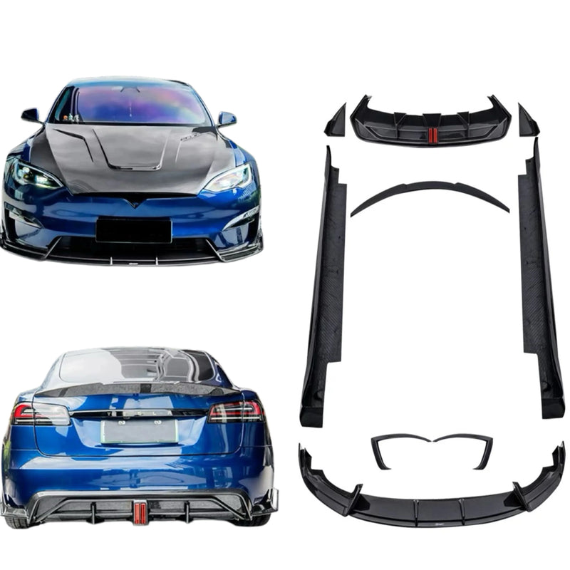 For Tesla Model S Upgrade CT Style Carbon Fiber Bumper Front Lip Rear Diffuser Rear Spoiler Side Skirts Accessories