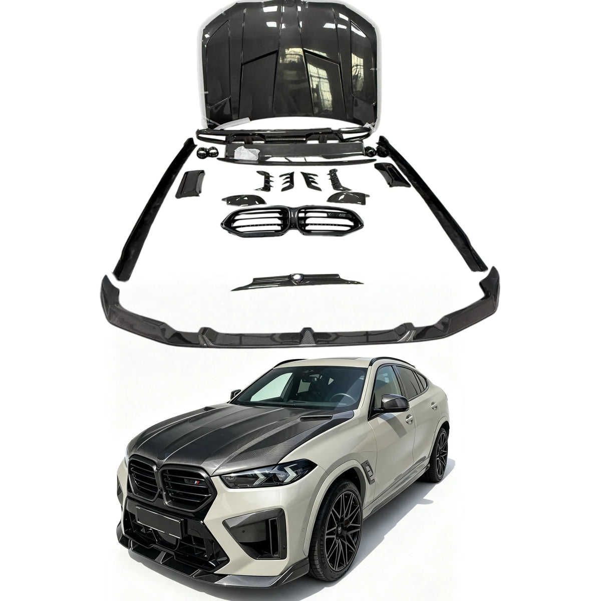 Carbon Fiber LD Style Body Kit for BMW X6M F96 2023+ Front Bumper Lip Grille Hood Cover Rear Spoiler Diffuser Side Skirt Bodykit