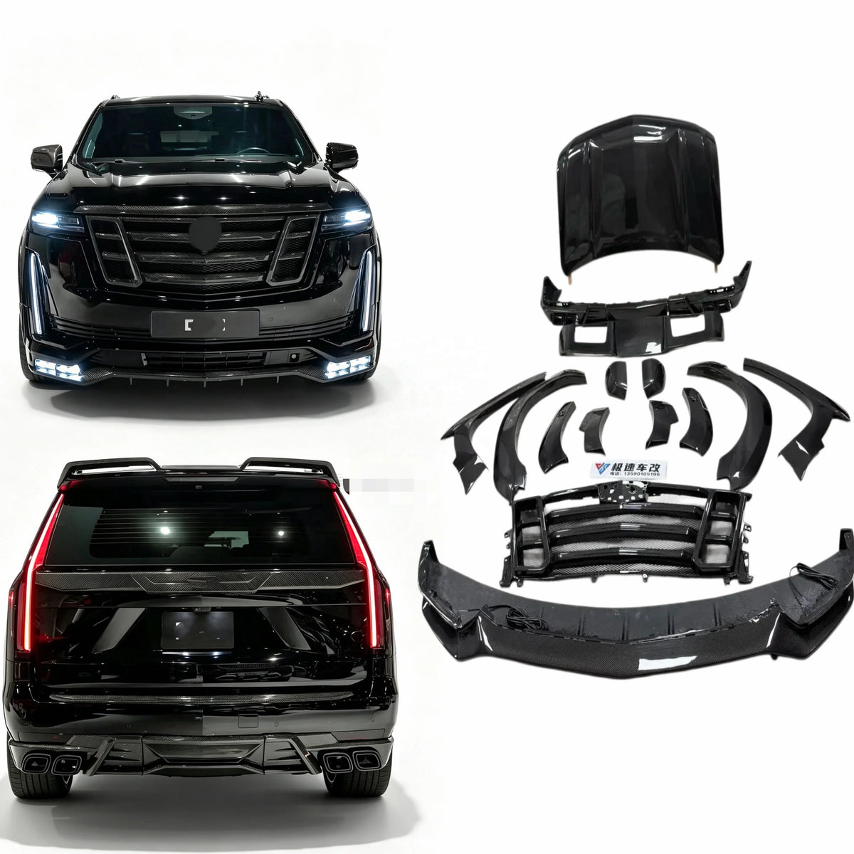 Kit carrozzeria allargata in fibra di carbonio per Cadillac Escalade, con lip, diffusore, alettone e griglia del cofano