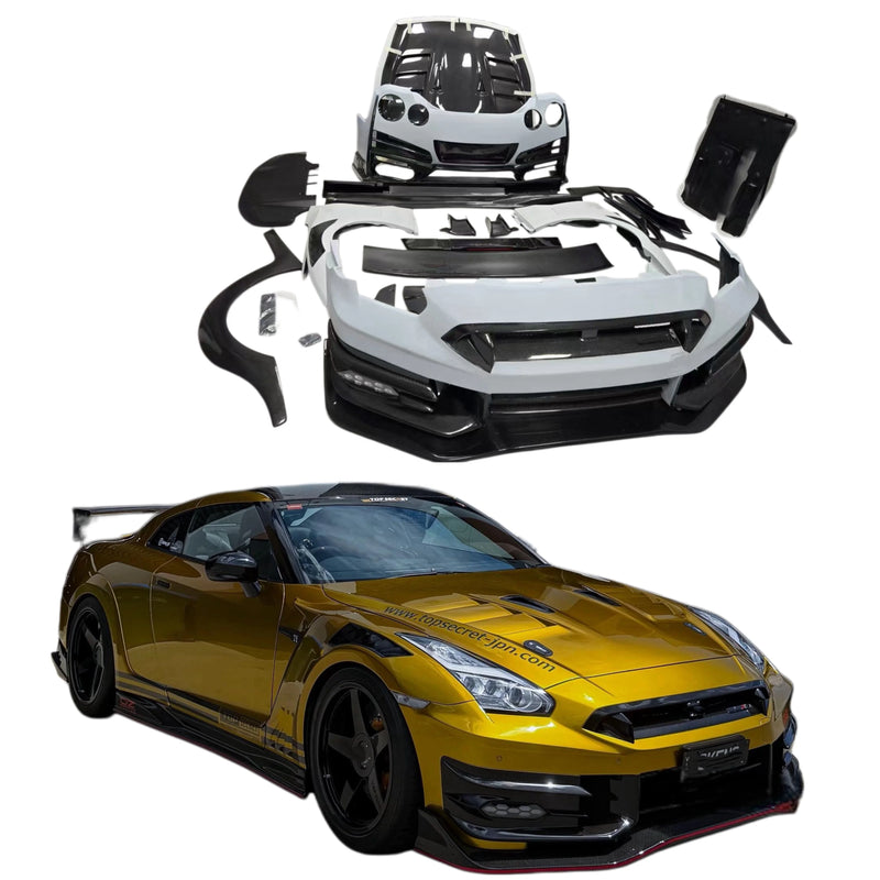 Upgrade Top Secret Style Half Carbon Fiber Body Kit for Nissan GTR R35 Front Bumper Rear Bumper Side Skirts Fenders Spoiler