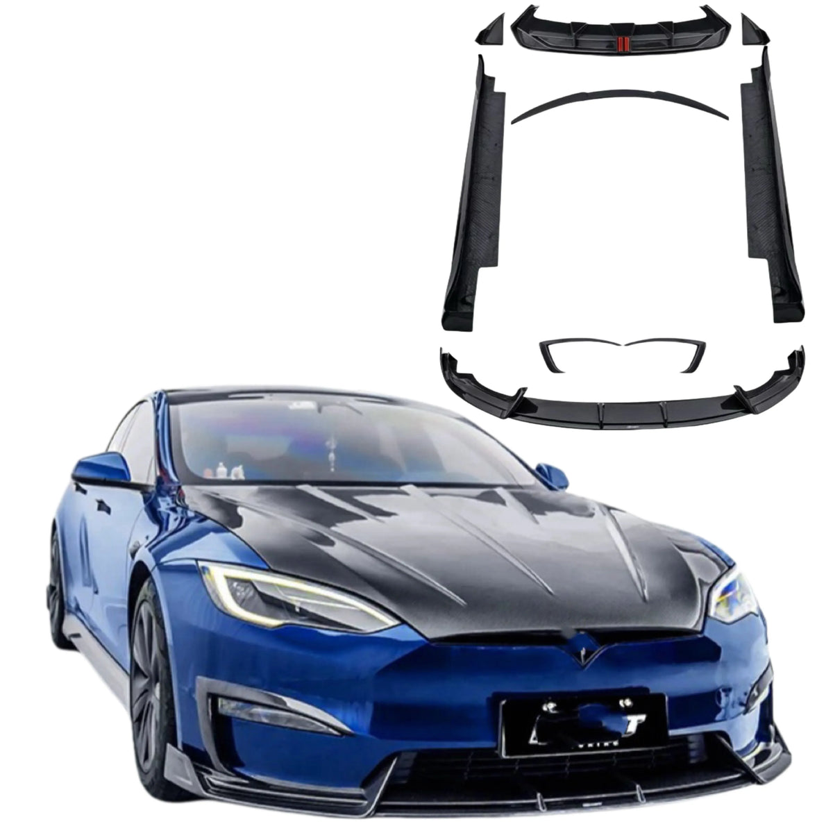 CT Style Dry Carbon Fiber Body Kit for Tesla Model S 2021-2023 Front Lip Skirt Rear Diffuser Spoiler Hood Body Kit