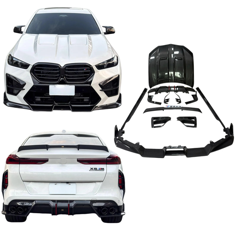 High-Quality Dry Carbon Fiber Body Kit for BMW X6M F96 Lu-Style Dry Carbon Fiber Front Lip Side Skirt Rear Diffuser Spoiler Hood
