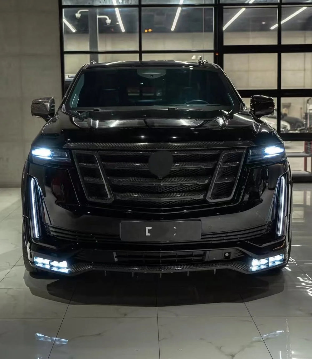 Kit carrozzeria allargata in fibra di carbonio per Cadillac Escalade, con lip, diffusore, alettone e griglia del cofano