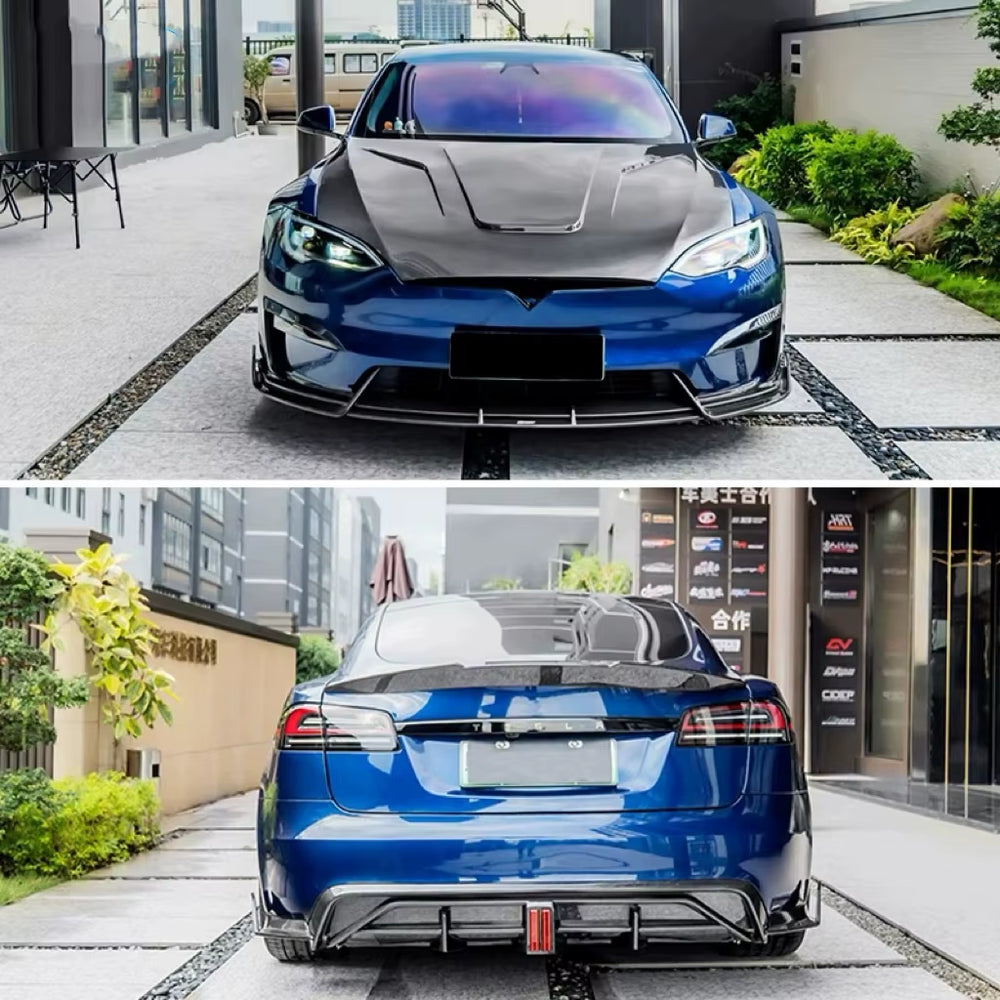 For Tesla Model S Upgrade CT Style Carbon Fiber Bumper Front Lip Rear Diffuser Rear Spoiler Side Skirts Accessories