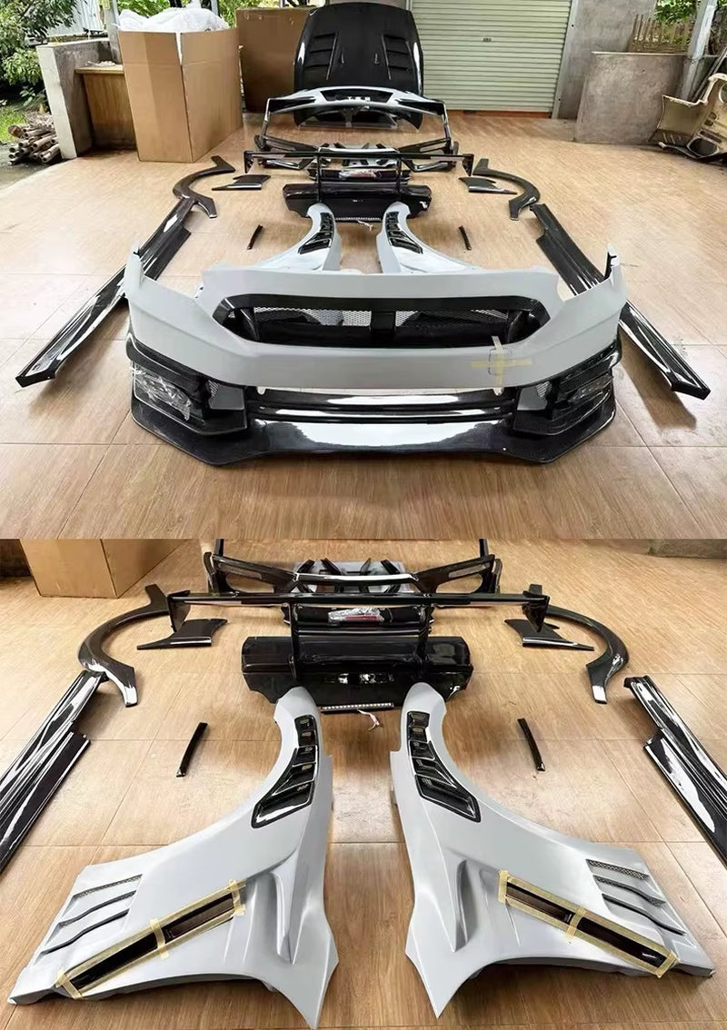 For Nissan GTR35 Upgrade to 2024 Top Style Half-Carbon Fiber Front and Rear Bumpers Side Skirts Fender Hood Wide-Body Kit